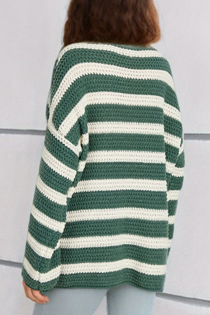 Striped Round Neck Dropped Shoulder Sweater-Angel Casuals