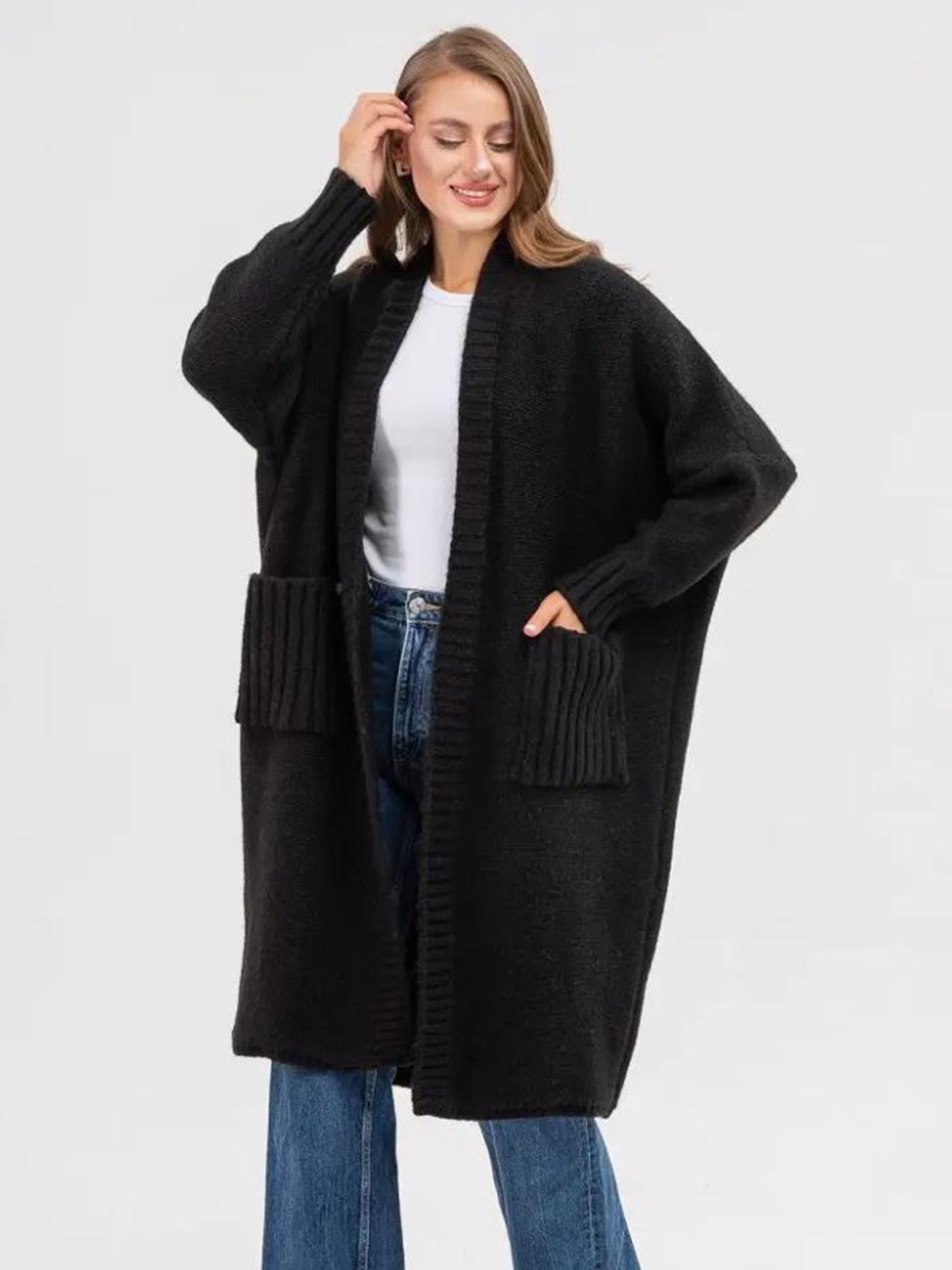 Pocketed Open Front Long Sleeve Longline Cardigan-Angel Casuals