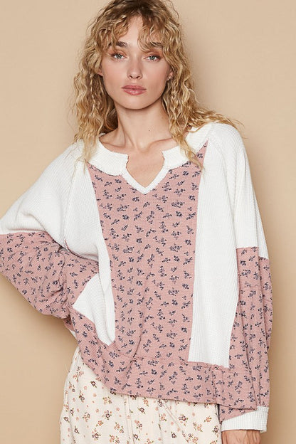 POL Waffle Knit Floral Notched Long Sleeve Top-Angel Casuals