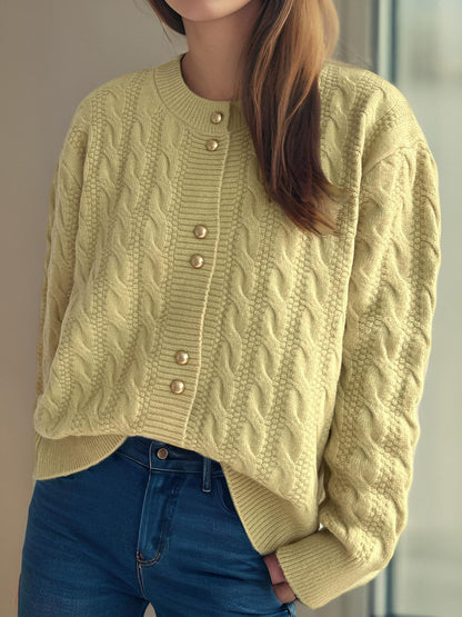 Cable-Knit Round Neck Long Sleeve Cardigan-Angel Casuals