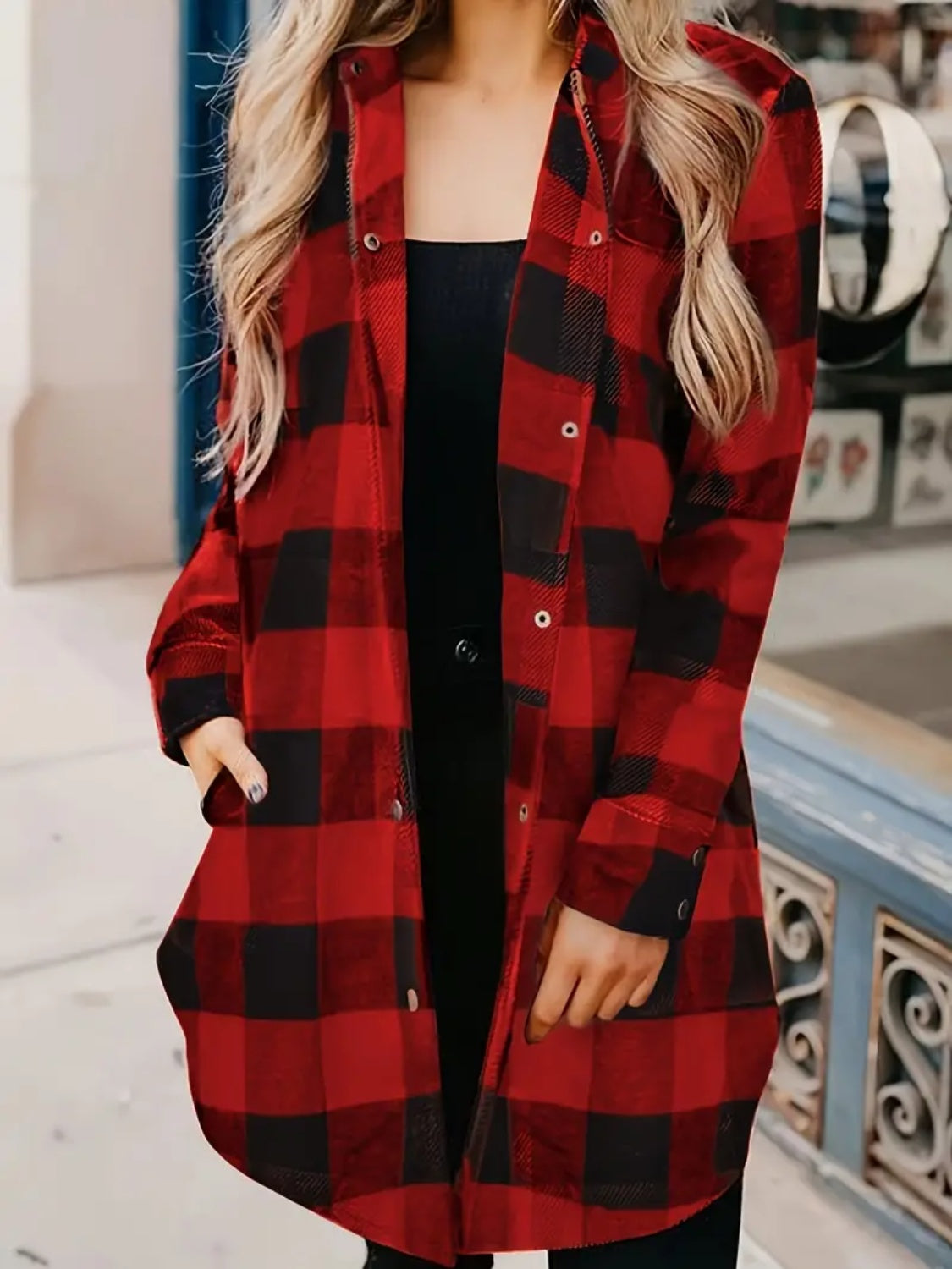 Plaid Collared Neck Snap Down Long Sleeve Jacket-Angel Casuals