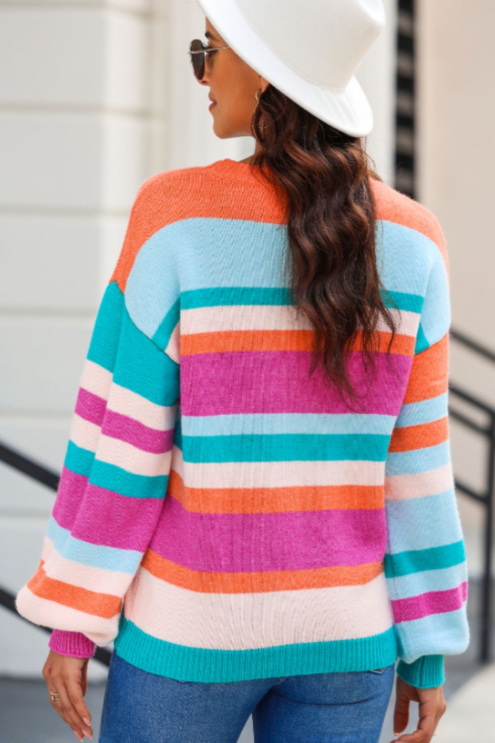 Striped Round Neck Drop Shoulder Sweater-Angel Casuals