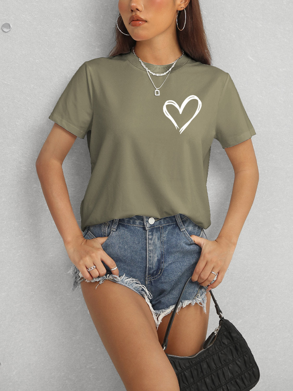 Heart Round Neck Short Sleeve T-Shirt-Angel Casuals