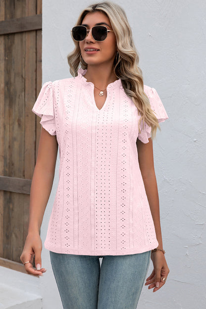 Eyelet Notched Flutter Sleeve T-Shirt-Angel Casuals