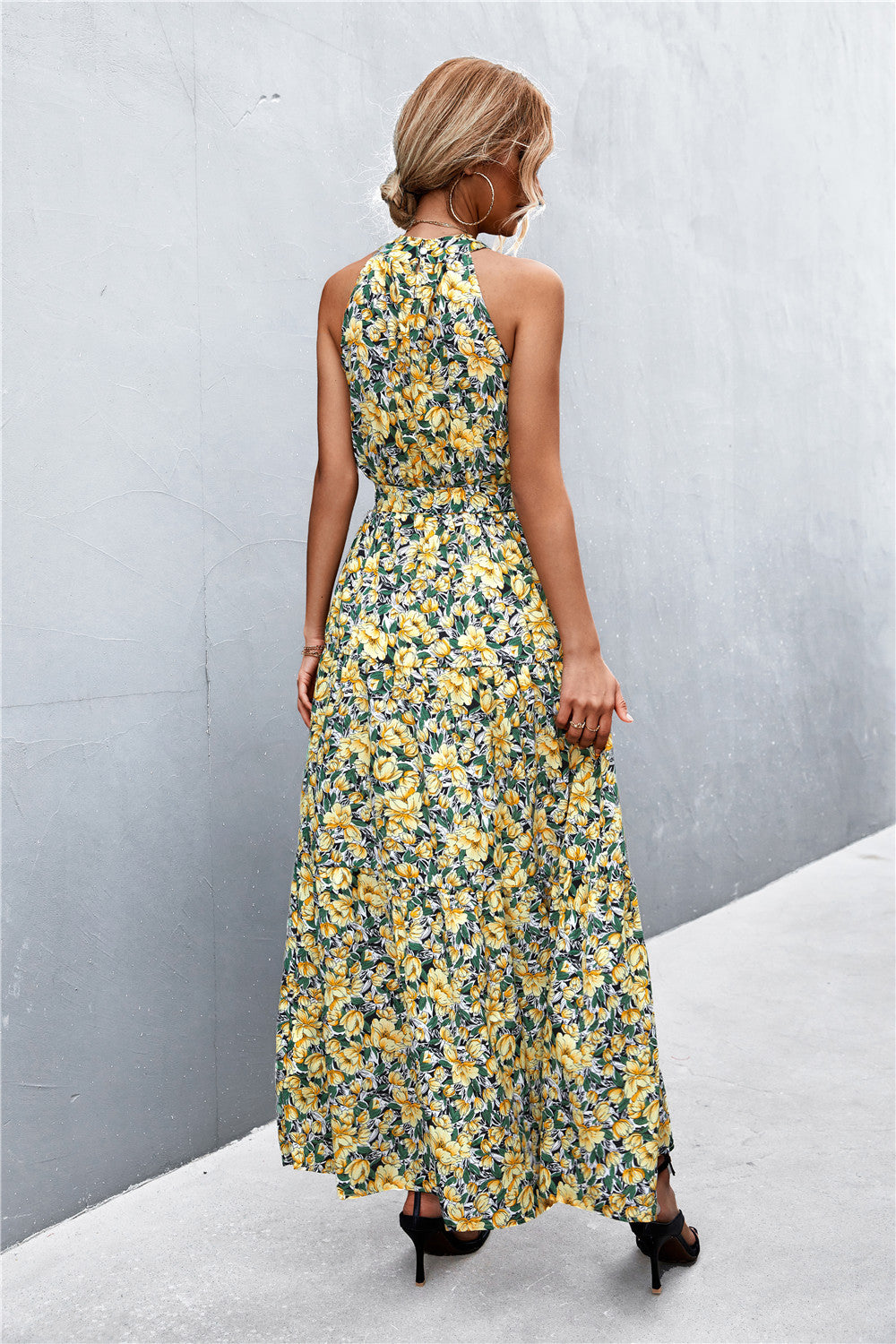 Printed Sleeveless Tie Waist Maxi Dress-Angel Casuals