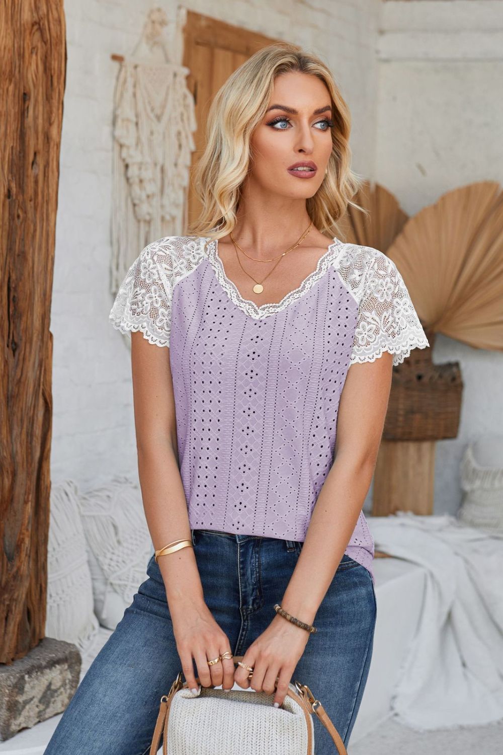 Eyelet V-Neck Lace Short Sleeve T-Shirt-Angel Casuals