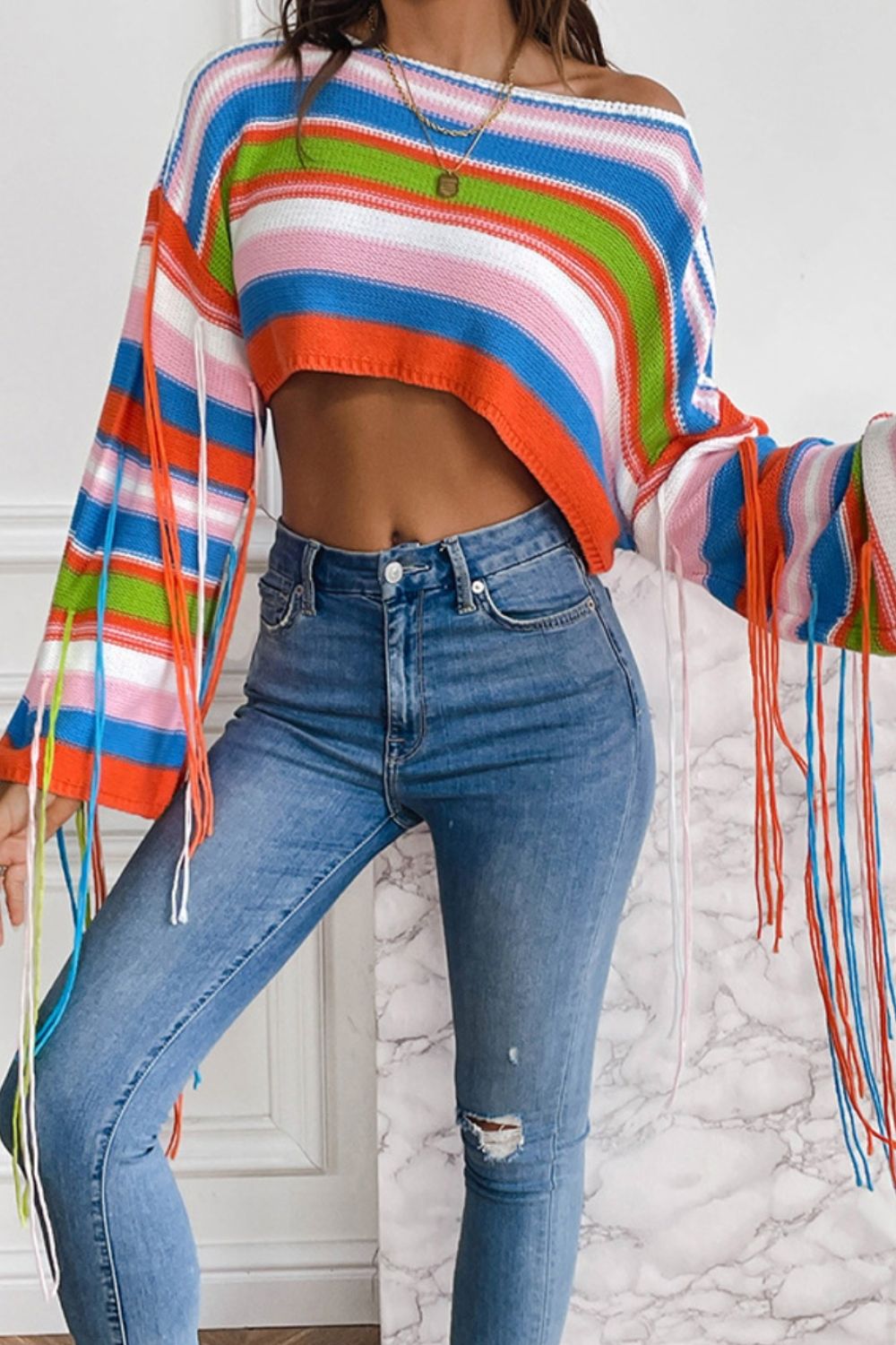 Fringe Striped Round Neck Knit Top-Angel Casuals