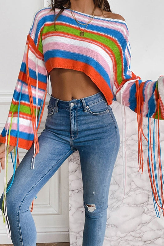 Fringe Striped Round Neck Knit Top-Angel Casuals