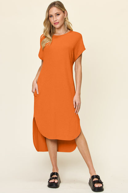 Double Take Full Size Round Neck Short Sleeve Slit Dress-Angel Casuals