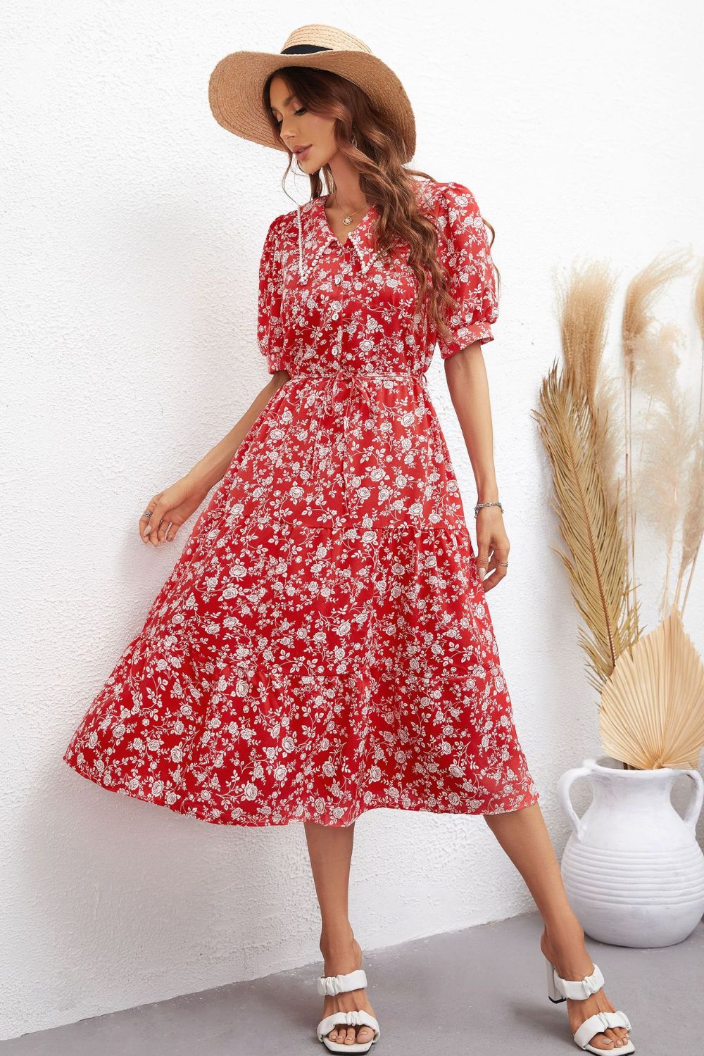 Floral Tie Waist Puff Sleeve Midi Dress-Angel Casuals