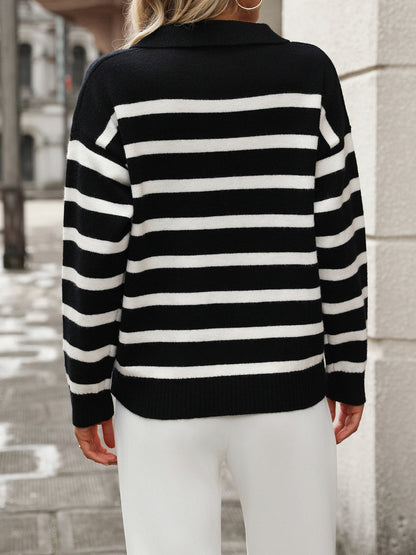 Striped Johnny Collar Long Sleeve Sweater-Angel Casuals