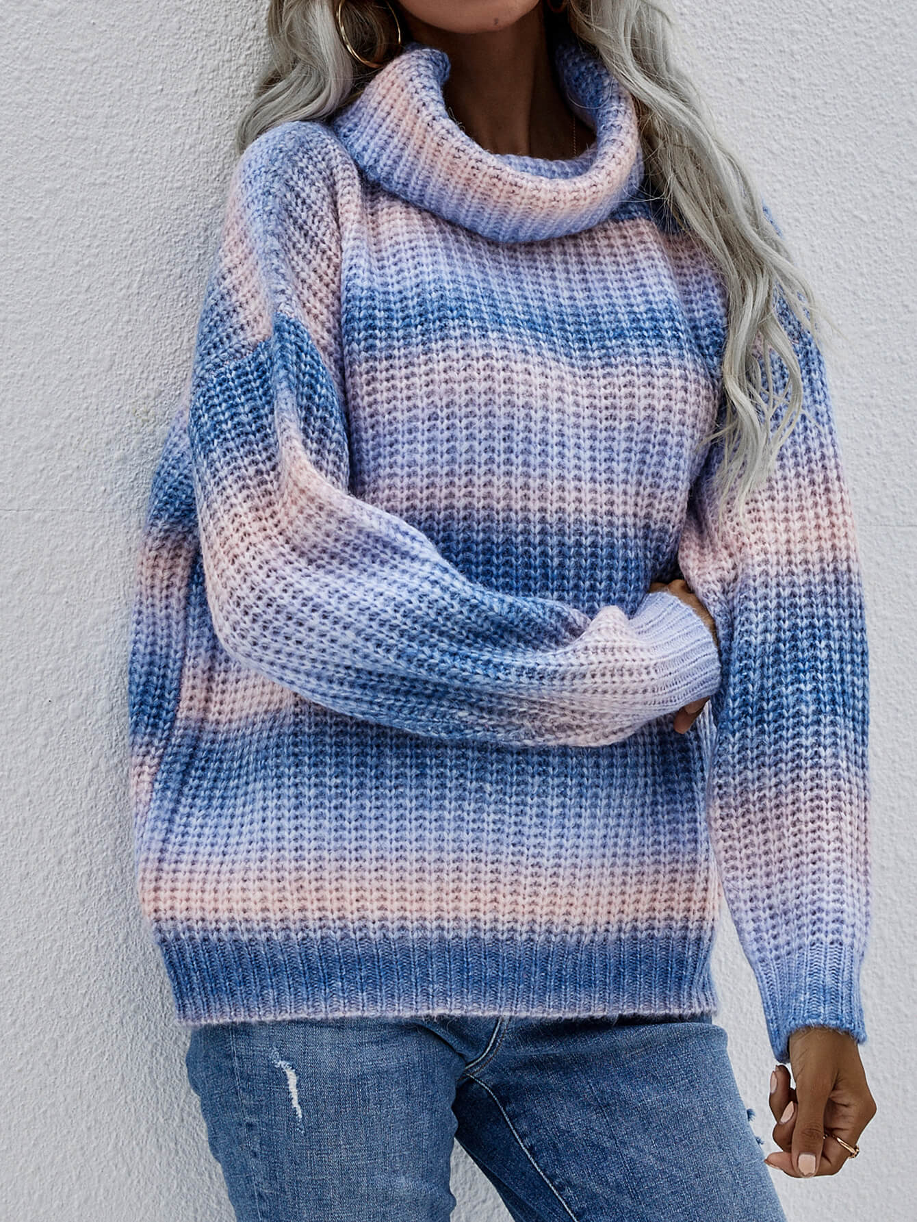 Rainbow Rib-Knit Turtleneck Drop Shoulder Sweater-Angel Casuals