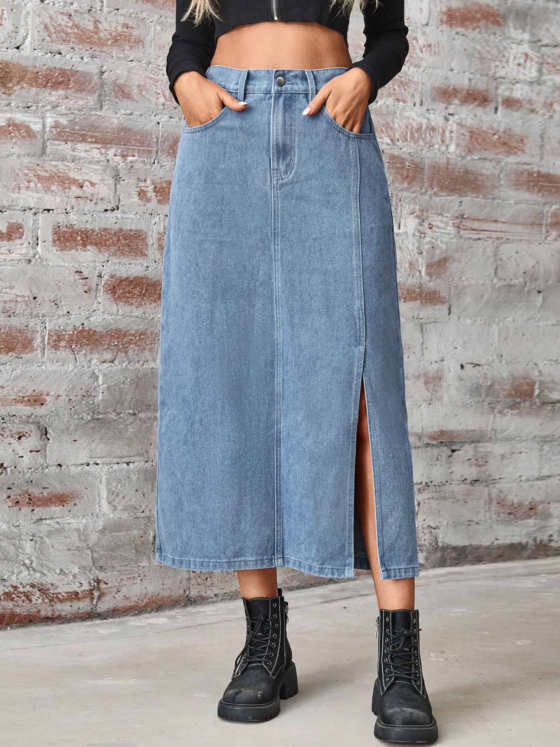 Slit High Waist Denim Skirt with Pockets-Angel Casuals