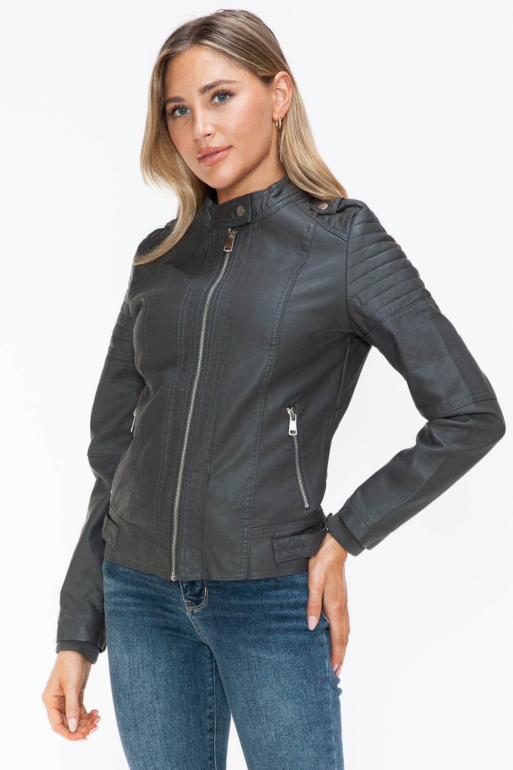 Snobbish PU Leather Biker Jacket with Side Zip Pockets-Angel Casuals