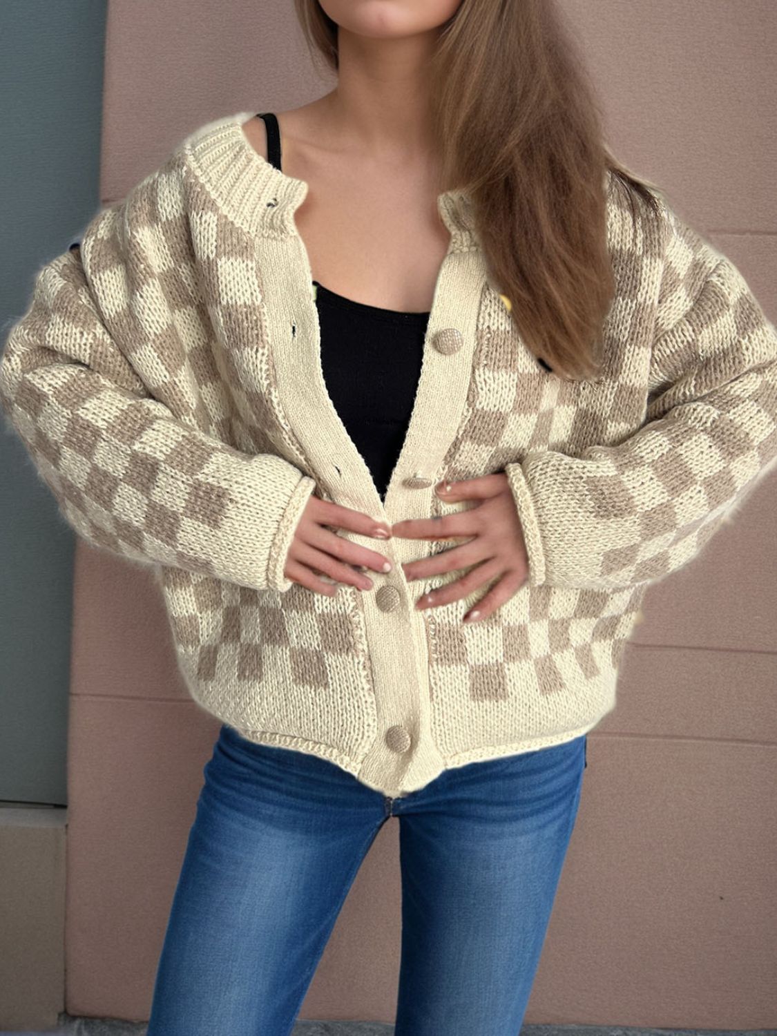 Checkered Button Up Round Neck Cardigan-Angel Casuals