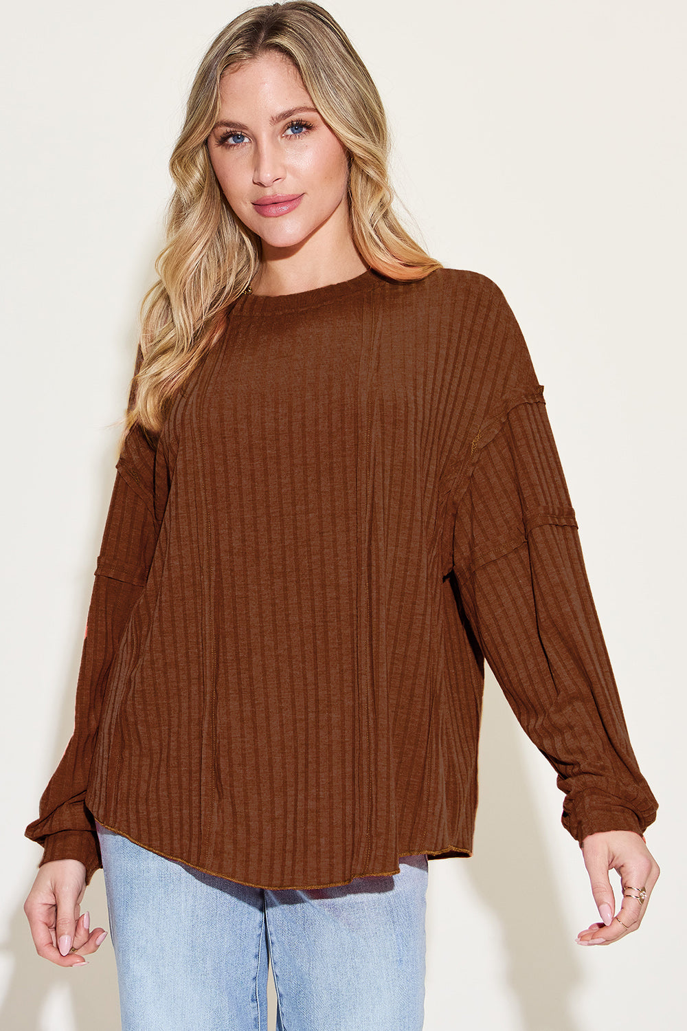 Basic Bae Full Size Ribbed Round Neck Long Sleeve T-Shirt-Angel Casuals