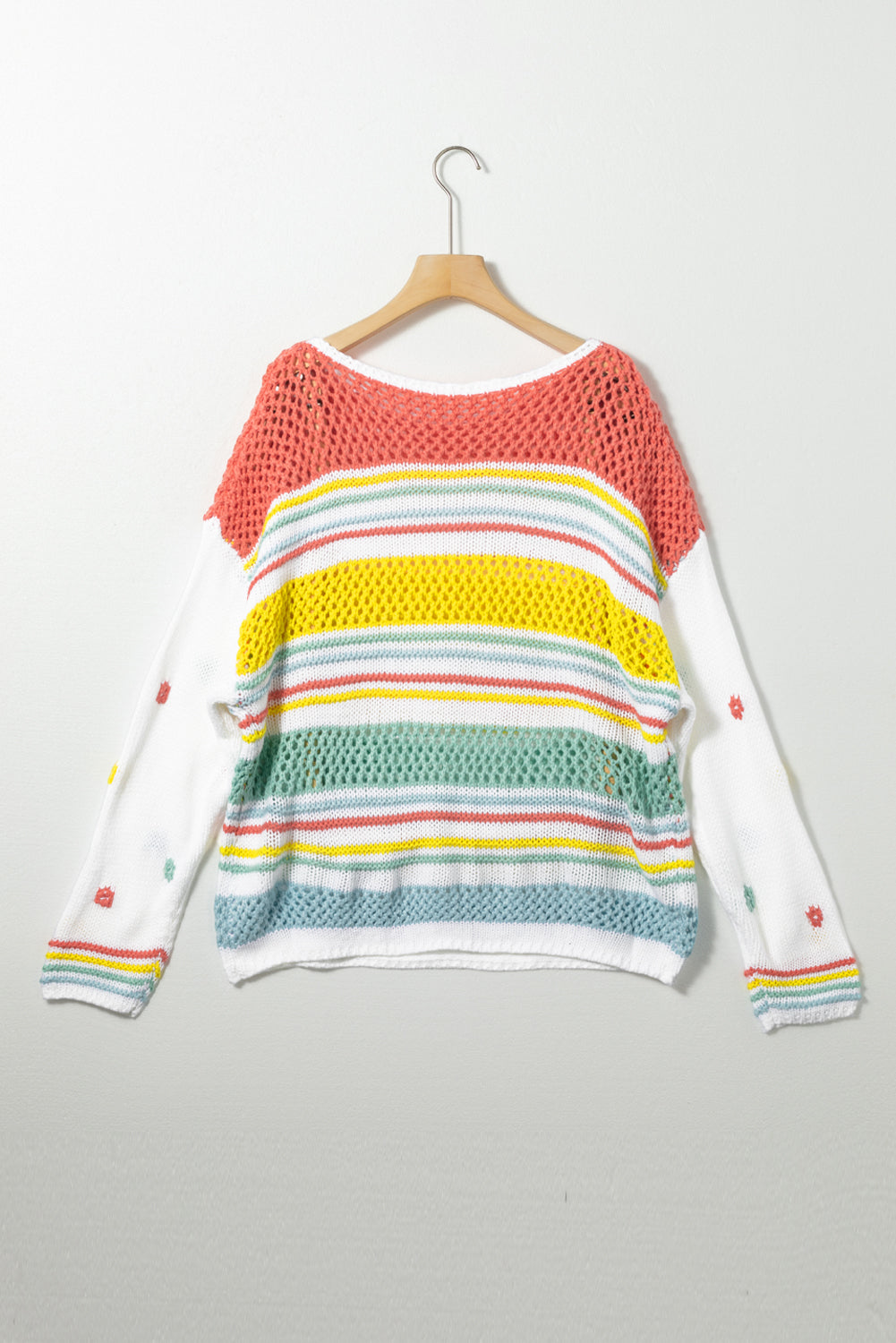 Hollow Striped Color Block Round Neck Sweater-Angel Casuals