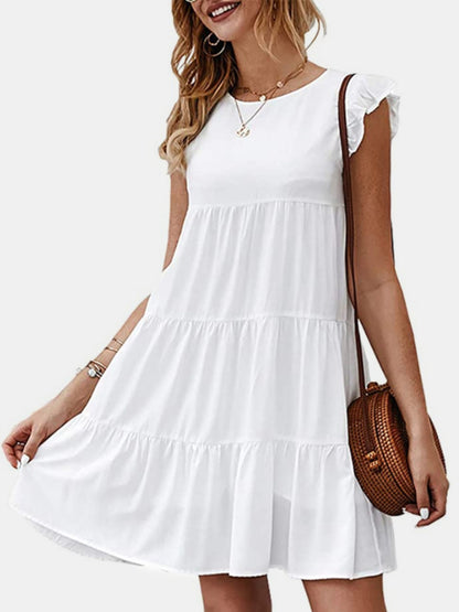 Ruffled Round Neck Cap Sleeve Mini Dress-Angel Casuals