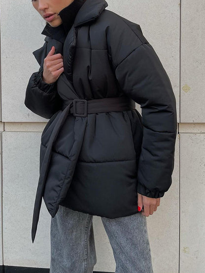 Puffer Long Sleeve Winter Coat with Belt-Angel Casuals