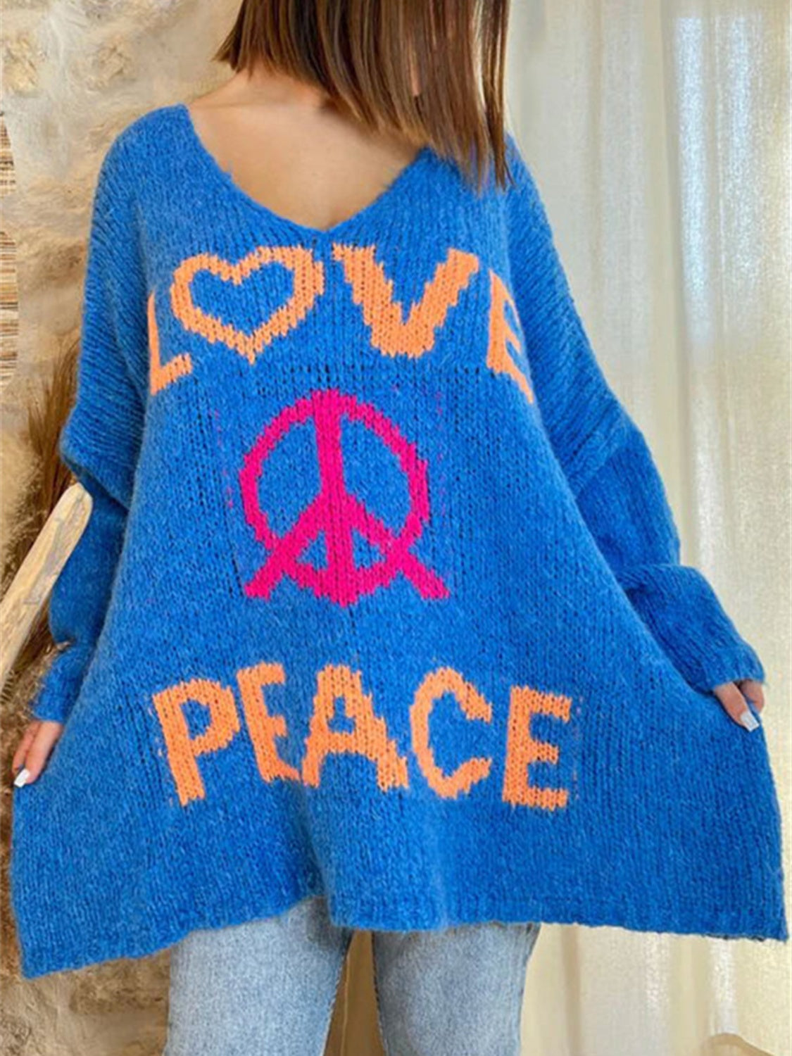 Peace Graphic V-Neck Long Sleeve Sweater-Angel Casuals