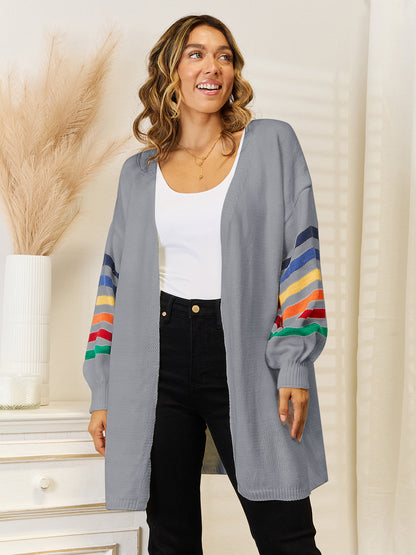 Angel Wings Striped Open Front Dropped Shoulder Cardigan-Angel Casuals