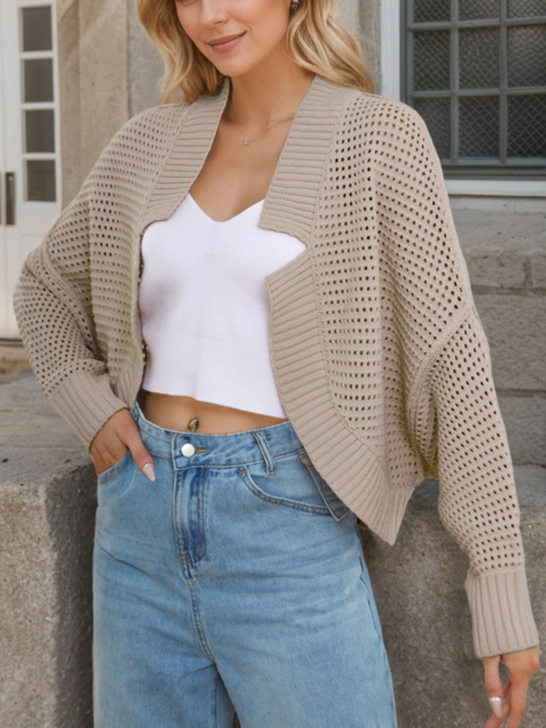 Openwork Open Front Long Sleeve Cardigan-Angel Casuals