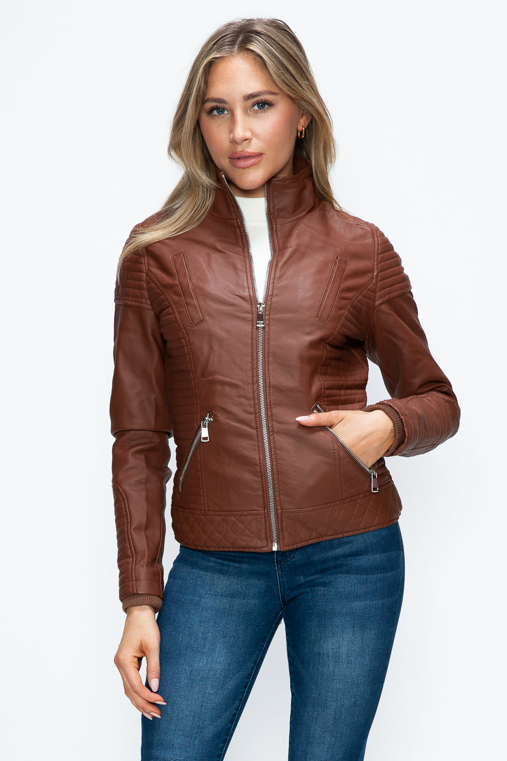 YMI Faux Layered Double-Zipper Jacket with Fuzzy Hood-Angel Casuals