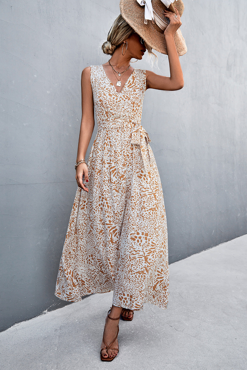 Printed V-Neck Tie Waist Maxi Dress-Angel Casuals