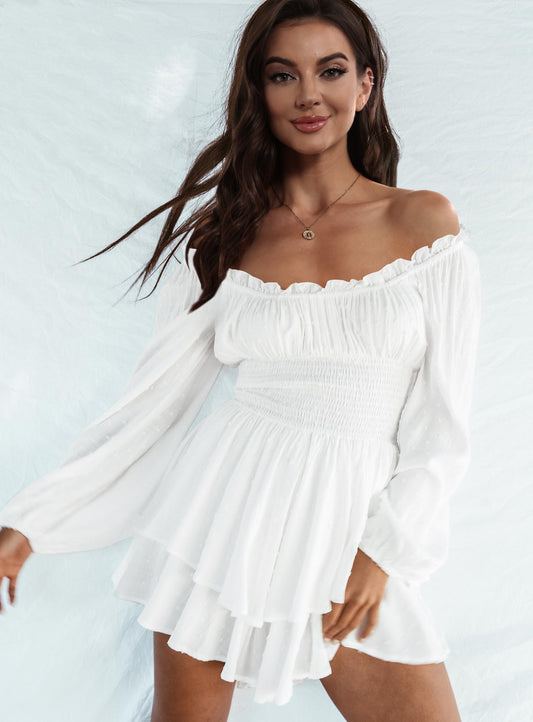 Off Shoulder Smocked Waist Romper-Angel Casuals