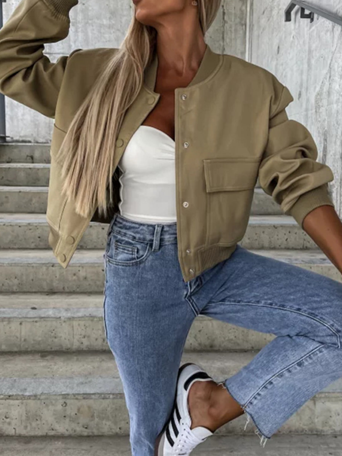 Baseball Collar Dropped Shoulder Jacket-Angel Casuals