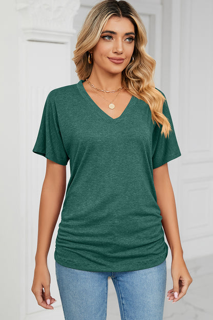 Ruched V-Neck Short Sleeve T-Shirt-Angel Casuals