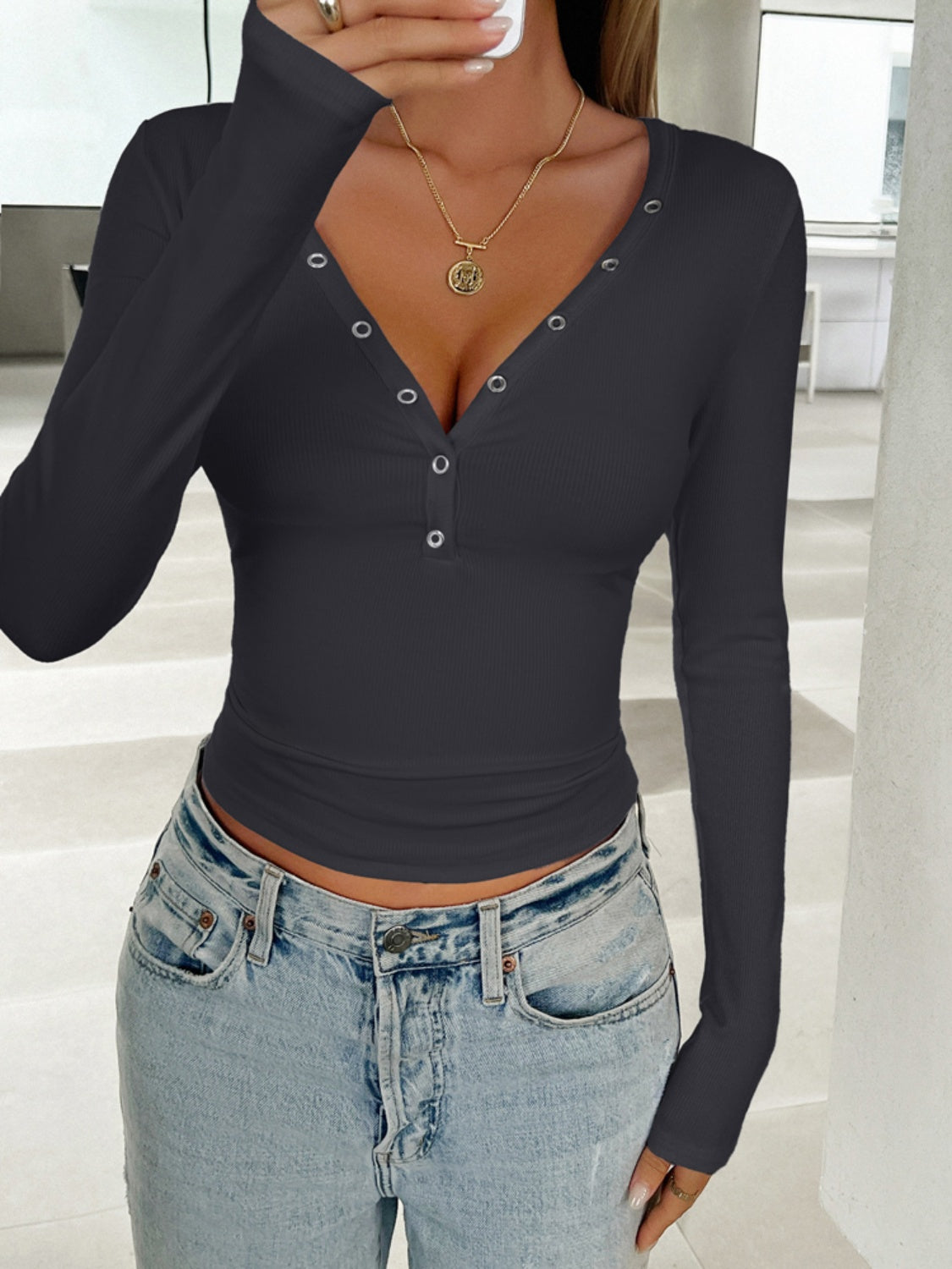 Devine V-Neck Long Sleeve T-Shirt-Angel Casuals