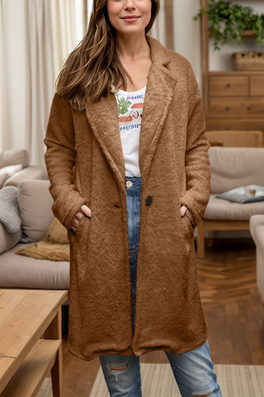Full Size One Button Long Sleeve Longline Plush Coat-Angel Casuals