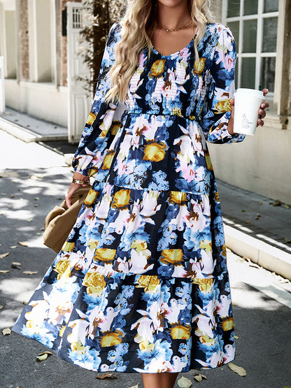 Floral Print Smocked Midi Dress-Angel Casuals