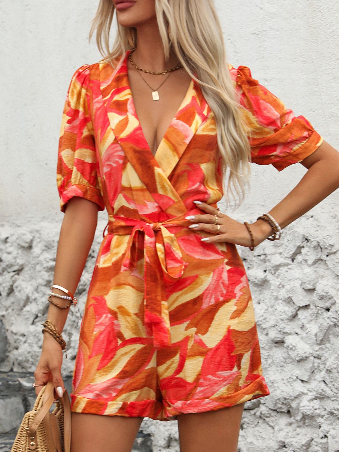 Printed Surplice Half Sleeve Romper-Angel Casuals