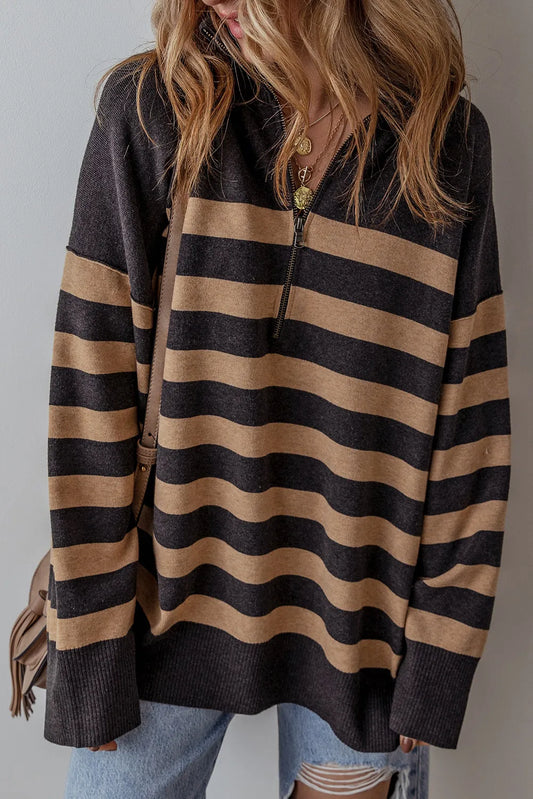Striped Half Zip Long Sleeve Knit Top-Angel Casuals