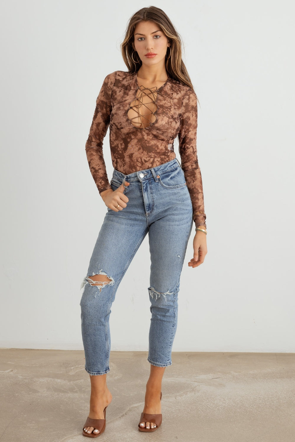 HERA COLLECTION Abstract Mesh Lace-Up Long Sleeve Bodysuit-Angel Casuals