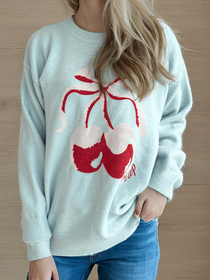 Cherry Round Neck Long Sleeve Sweater-Angel Casuals