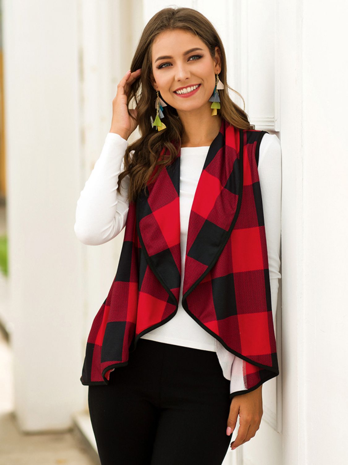 Plaid Open Front Sleeveless Cardigan-Angel Casuals