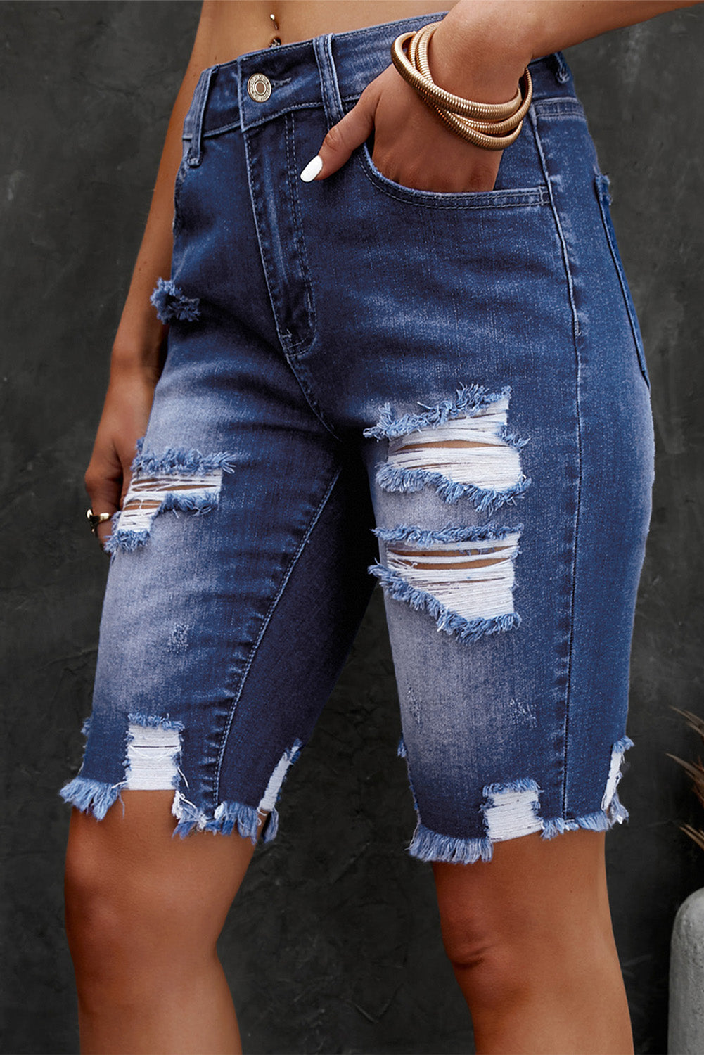 Distressed Frayed Hem Denim Bermuda Shorts-Angel Casuals