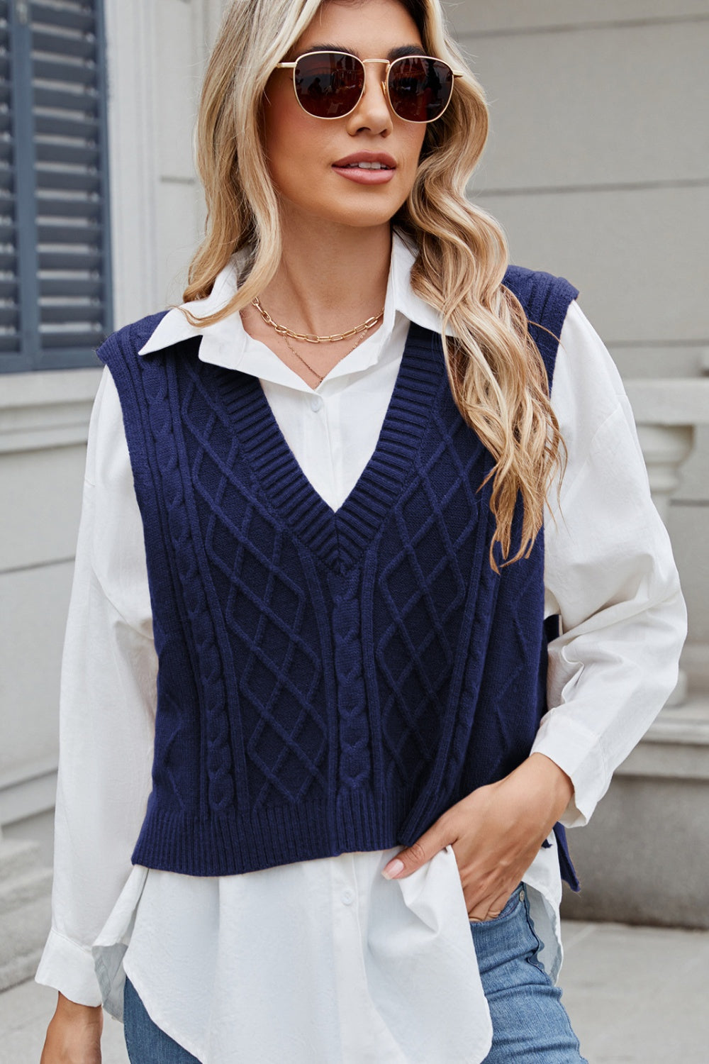 Cable-Knit V-Neck Sweater Vest-Angel Casuals