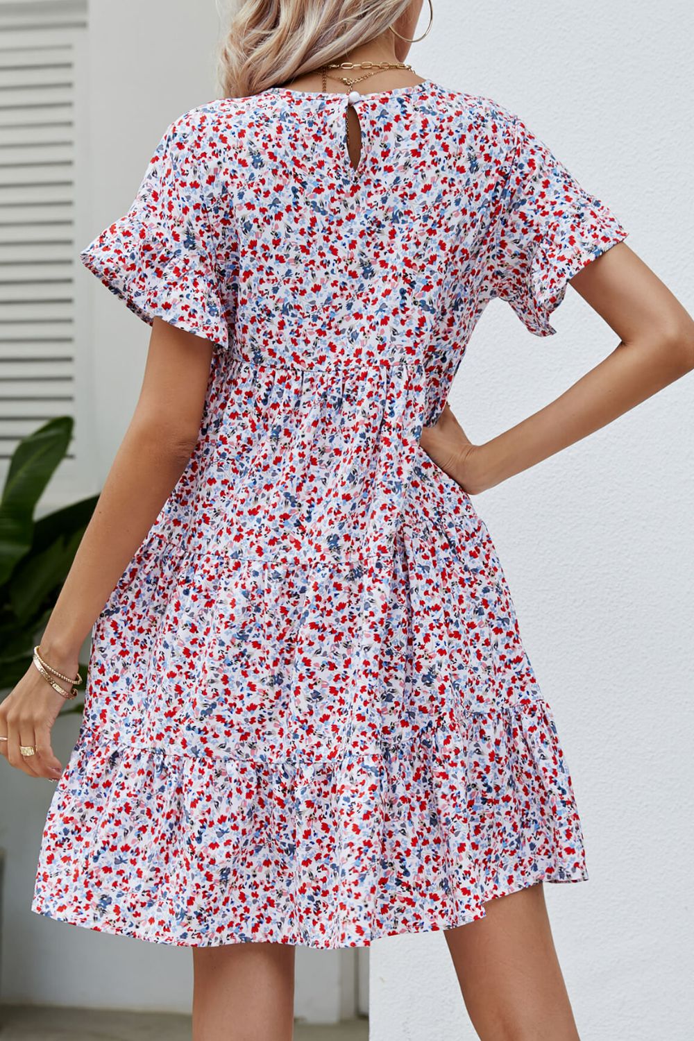 Ditsy Floral Flounce Sleeve Tiered Dress-Angel Casuals