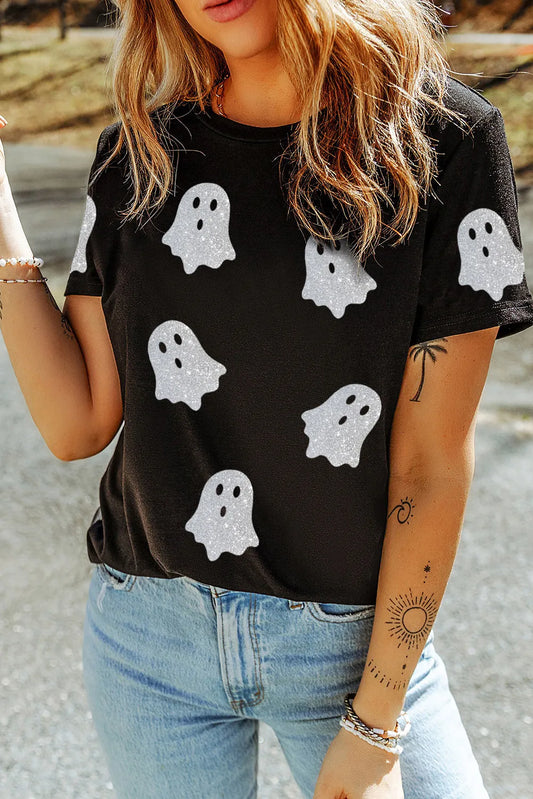 Glitter Ghost Round Neck Short Sleeve T-Shirt-Angel Casuals
