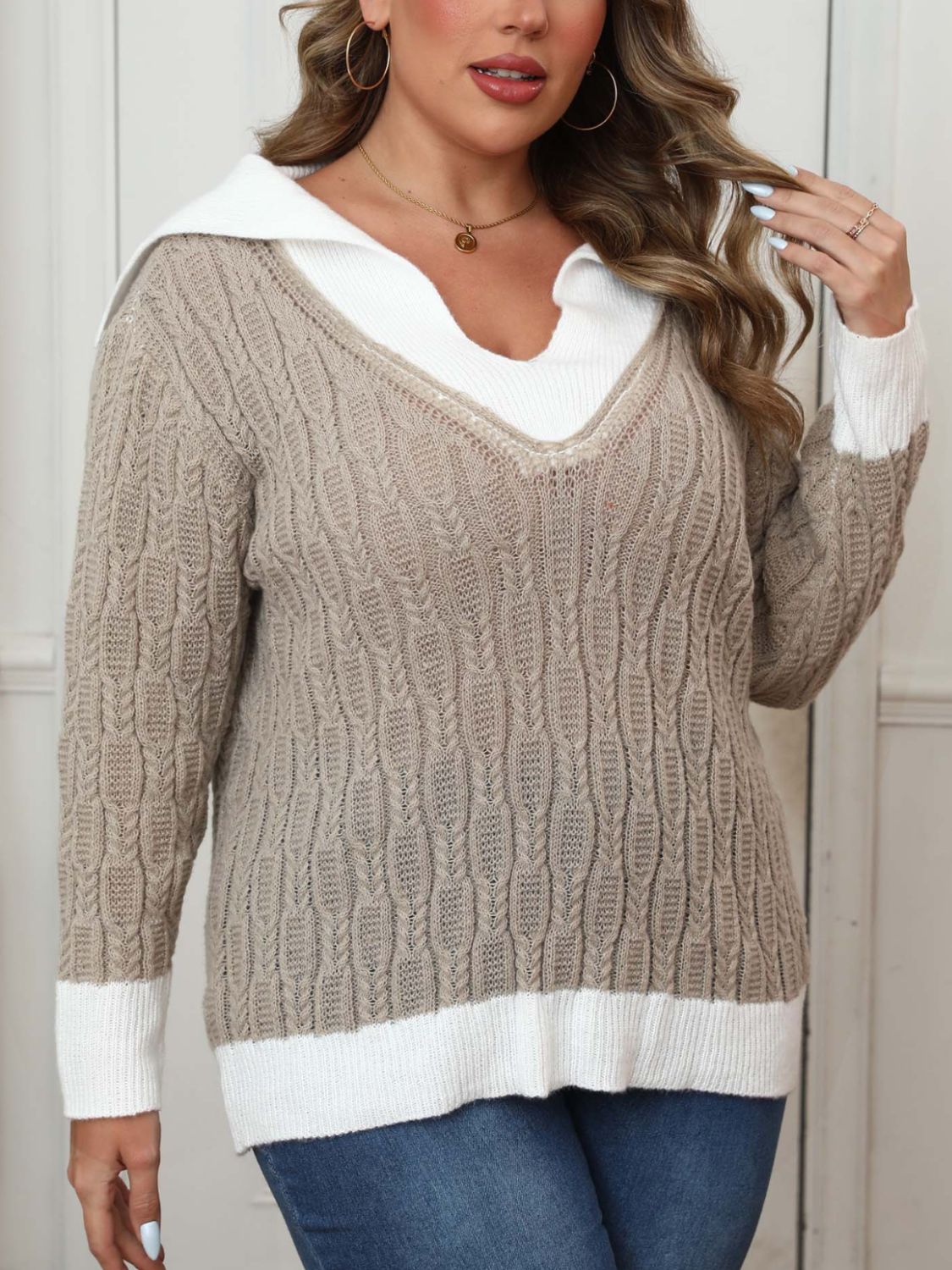 Plus Size Contrast Trim Collared Neck Sweater-Angel Casuals