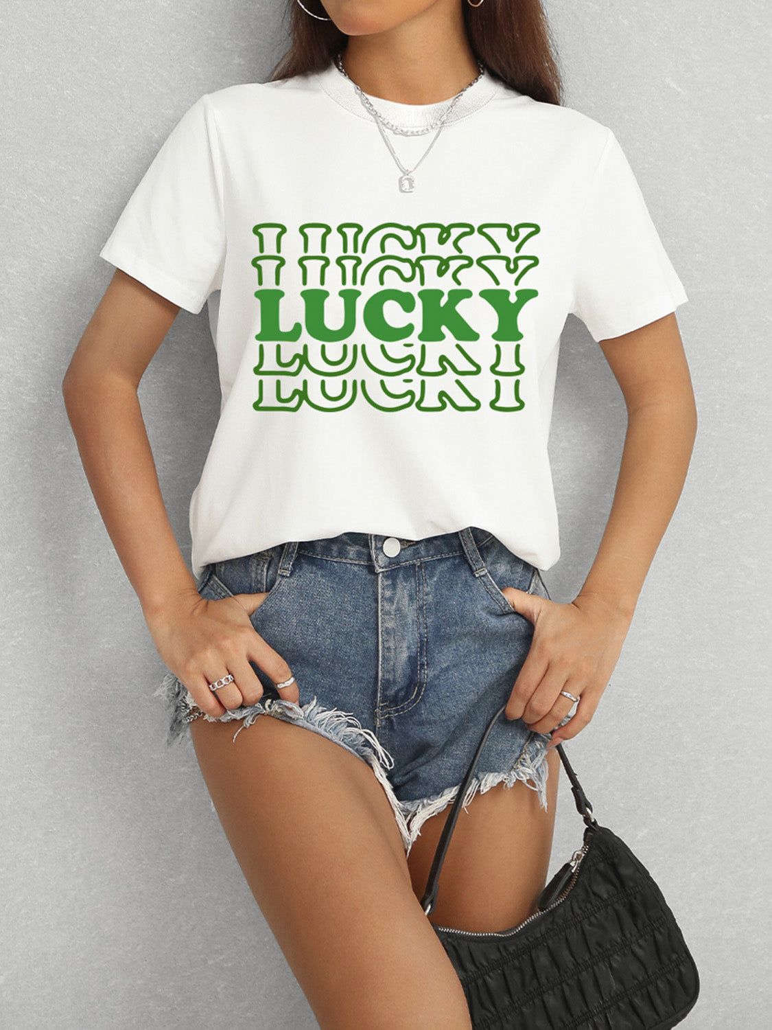 LUCKY Round Neck Short Sleeve T-Shirt-Angel Casuals