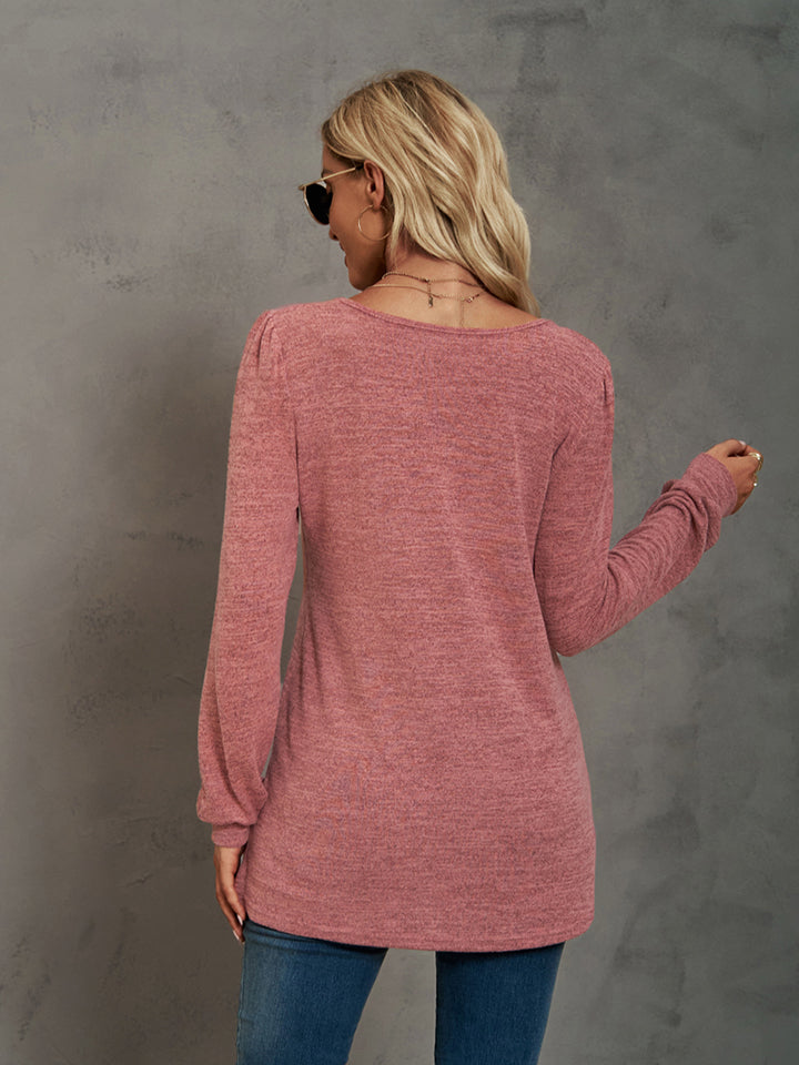 Heathered Square Neck Long Sleeve T-Shirt-Angel Casuals