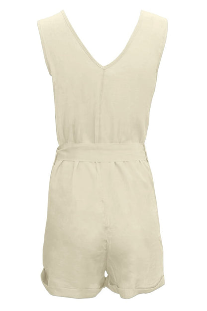 Full Size Tied V-Neck Sleeveless Romper with Pockets-Angel Casuals