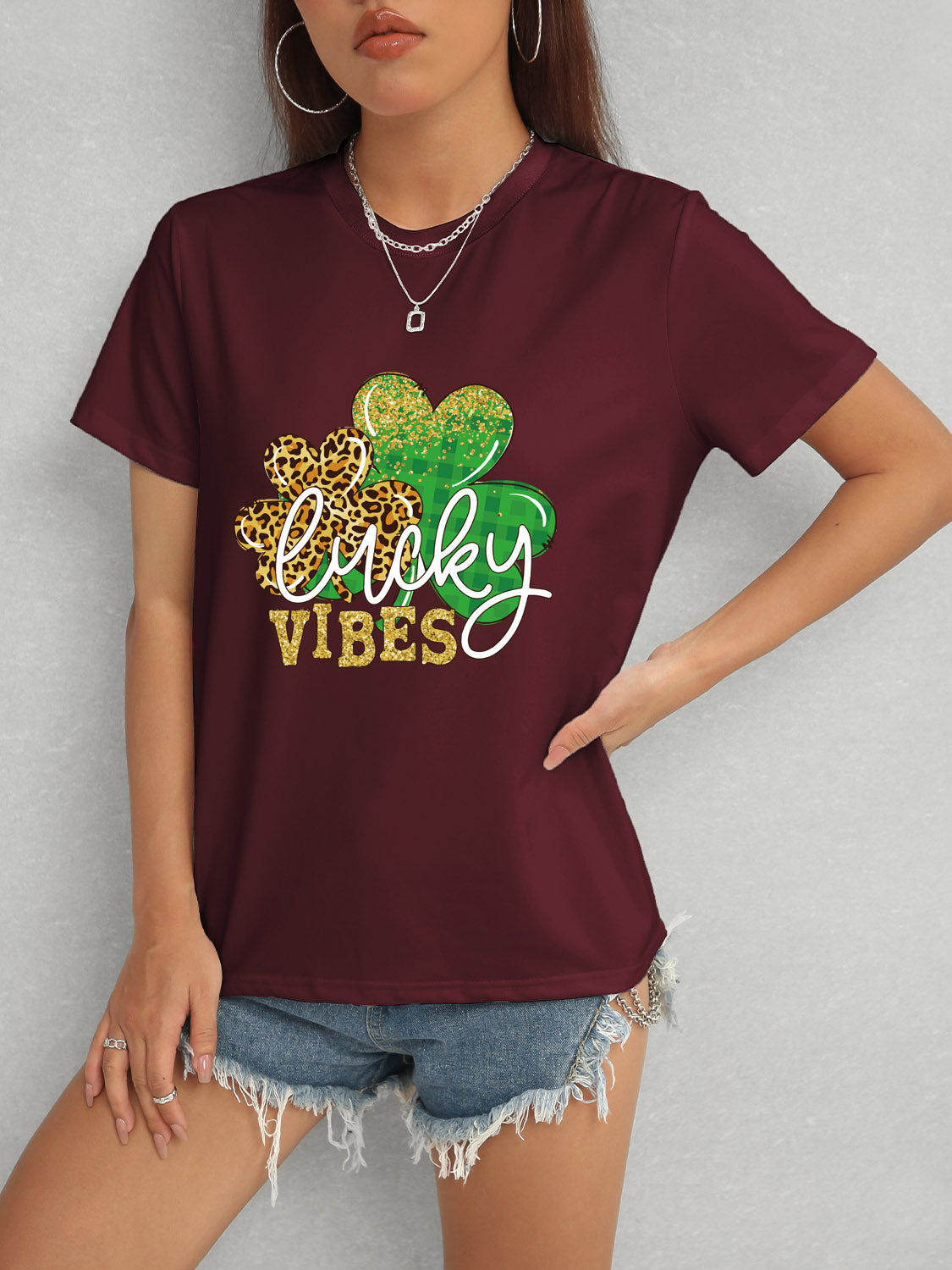 LUCKY VIBES Round Neck Short Sleeve T-Shirt-Angel Casuals