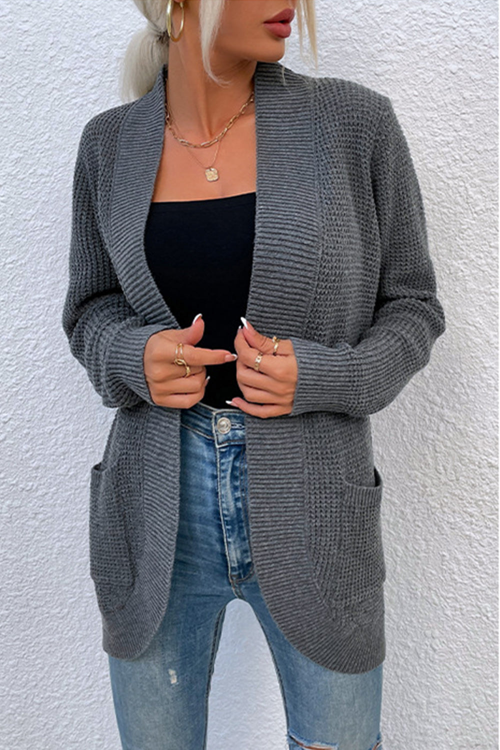 Open Front Rib-Knit Cardigan with Pockets-Angel Casuals