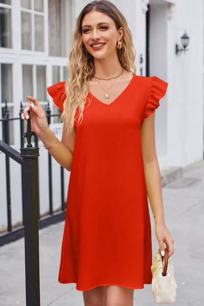 Ruffled V-Neck Flutter Sleeve Dress-Angel Casuals